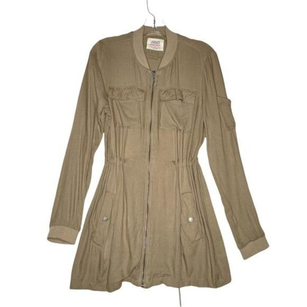 Ashley by 26 International Utility Jacket Khaki Tan Full Zip Elastic Waist Med